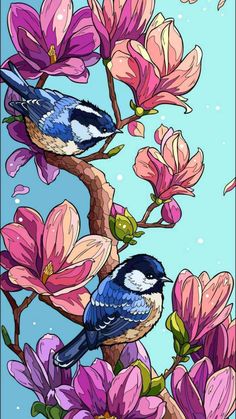 a blue bird sitting on top of a tree filled with pink flowers