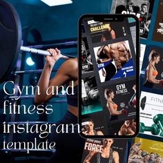 the gym and fitness instagramr template is displayed on an iphone screen with multiple photos