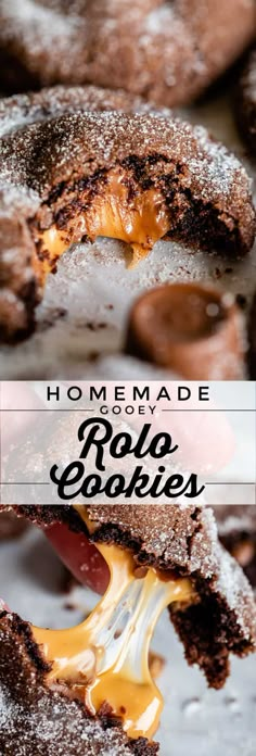 homemade chocolate rolo cookies with caramel drizzled on the top and bottom