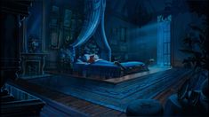 an animated scene of a bedroom with a bed