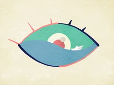 an eye with the image of a paper boat floating on it's side, in front of a beige background