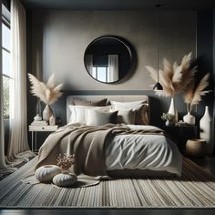 Create a cozy, modern bedroom with dark, rustic vibes. Think large upholstered bed, round mirror, plants, and natural textures. Beige And Black Bedroom, Mirror Plants, Grey Headboard Bedroom Ideas Decor, Cozy Modern Bedroom, Grey Headboard Bedroom, Dark Gray Bedroom, Comfy Room, Beige Headboard