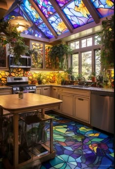 a kitchen with stained glass windows and an island in front of the stove top oven