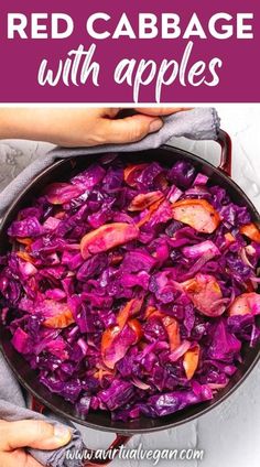 red cabbage with apples in a skillet on top of a white table and text overlay that reads, red cabbage with apples