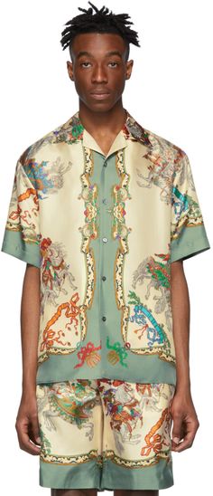 Gucci: Off-White Silk Jousting Bowling Shirt | SSENSE Luxury Camp Collar Shirt For Streetwear, Luxury Short Sleeve Camp Shirt For Streetwear, Gucci Spring Summer 2023, Gucci Shirt Outfit, Gucci Resort 2023, Silk Shirt Outfit, Gucci For Men, Gucci Shirt, Black Men Street Fashion