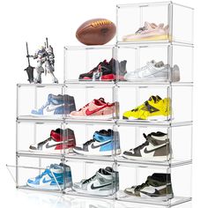 a display case filled with different types of shoes and toys on top of each other