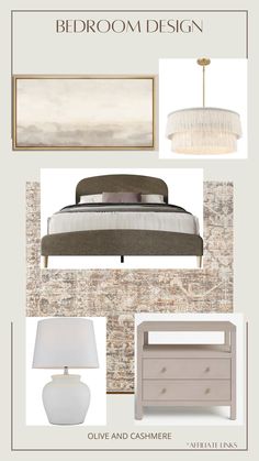 a bedroom design board with furniture and accessories