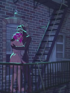 a man and woman embracing on the balcony of a building in neon lights, with stairs leading up to them