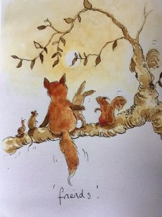 a drawing of an animal sitting on top of a tree branch with other animals around it