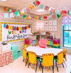 a classroom decorated with bright colors and decorations