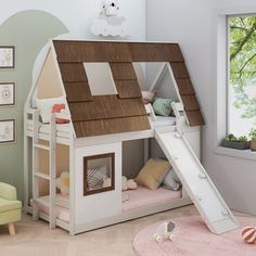 a child's bedroom with a bunk bed and slide