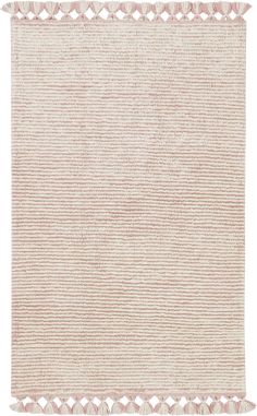 a white rug with pink fringes on the edges and an off - white background