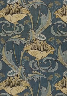 a blue and yellow wallpaper with flowers on it