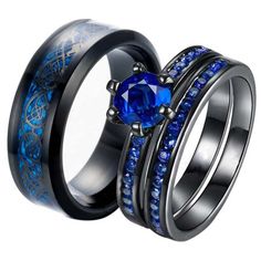 two rings with blue sapphire stones on them and the words men are in black lettering