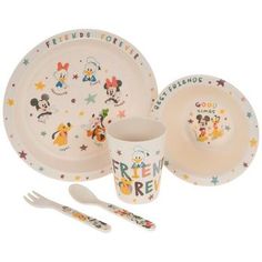 mickey mouse dinnerware set with utensils and spoons for children to eat