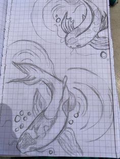 a pencil drawing of a fish and bubbles