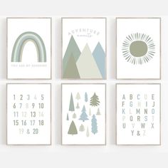 four wall art prints with mountains, trees and numbers in pastel colors on white background