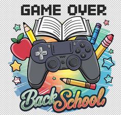 the back to school game over with an open book, pencils and an apple