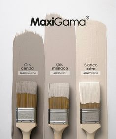 three paintbrushes with different shades of white and beige on them, each one has the same color