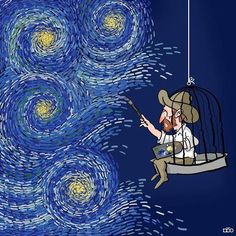 a man sitting in a birdcage holding a cell phone while flying through the night sky