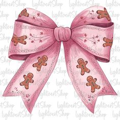 a pink bow with gingerbreads and hearts on the front is featured in this digital file