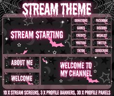 a web page with pink and black text on the front, and white stars in the back