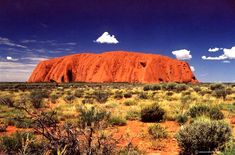 a large rock formation in the middle of an arid area with trees and bushes around it