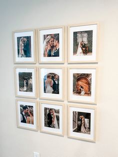 a white wall with many pictures hanging on it's side, including a bride and groom