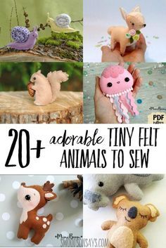 the cover of 20 adorable tiny felt animals to sew, with text overlay