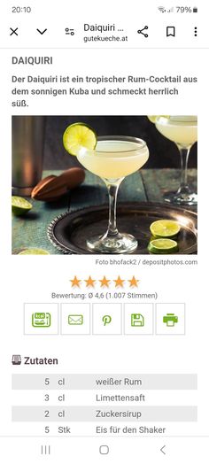 the menu for a cocktail with limes and lemon wedges on it, in german