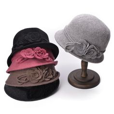 Women Retro Collapsible Soft Knit Wool Cloche Bucket With Side Flower Hats A466 Panama Hat Women, Wool Cloche Hat, Slouchy Beanie Hats, French Beret Hat, Leather Baseball Cap, Skull Hat, Trendy Girl, Flower Hats, Cloche Hat