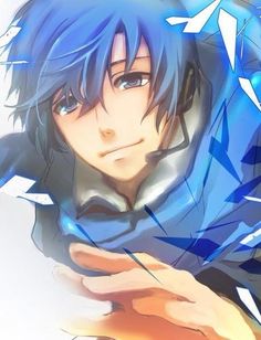 an anime character with blue hair holding his hand up to his face and looking at the camera