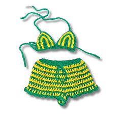 Crochet Mesh Shorts with matching Bikini top in Brazilian Flag colors. Option to add striped bucket hat available. Shorts have adjustable tie at the waist and are made with a 2 inch inseam. Bikini is halter top with ties behind the neck and at the back. Shorts have tie at waist area. Set is made to order- size guidelines in photos. Can be made to exact measurements if requested in personalization section. Crochet Sets, Brazilian Flag, Crochet Shorts, Crochet Set, Flag Colors, Matching Top, Halter Top, Short Sets, Short Outfits