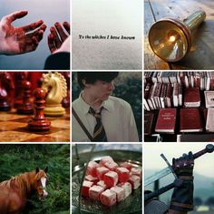 a collage of photos with different things in them including chess, books and other items