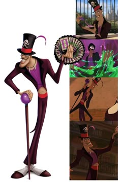 the animated character is holding a fan in his hand and wearing a top hat with two hands