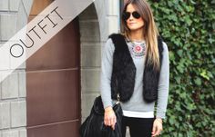 Rock chic at it's finest. Faux fur vest, grey sweatshirt, black skinny jeans and fur bag are blending together mighty well, but guess what sets the look? It's the Necklace! Fur Bag, Rock Chic, Faux Fur Vest, Faux Fur Vests, Fur Vest, Grey Sweatshirt