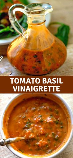 tomato basil vinaigrete soup in a white bowl