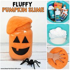 pumpkin slime recipe in a jar with ingredients to make it look like a jack - o'- lantern