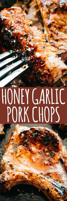 honey garlic pork chops on a grill with fork