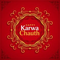 happy karwa chauth greeting card with golden frame on red background - free vector illustration