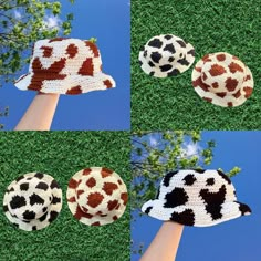 four pictures of different hats made to look like cows