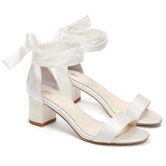 Open Toe Block Heel Pumps With Ankle Strap - Ardelia Ivory Comfy Wedding Shoes, Wedding Shoes Low Heel, Wedding Shoes Comfortable, Ivory Wedding Shoes, Wedding Shoes Lace, Strappy Block Heels, Ankle Tie Sandals, Wedding Shoes Heels, Satin Ribbons