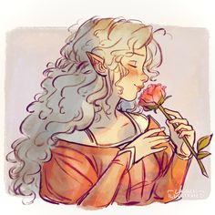 a drawing of a woman holding a rose in her hand and looking down at it