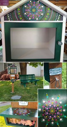 several different pictures of an outdoor area with green furniture and flowers painted on the wall