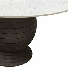 a white marble table top with black wood accents on an oval base, against a white background