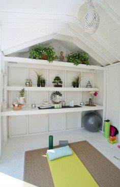 a room with white walls and shelves filled with potted plants on top of them