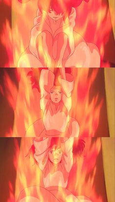 an anime scene with fire and flames in the foreground, as well as two different images