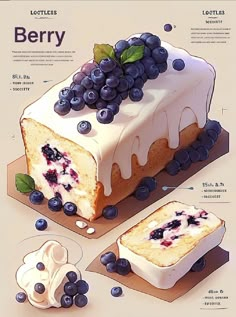 a cake with blueberries and cream on it is cut in half to show the layers