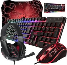 a computer keyboard, mouse and headphones with red lights on it's side