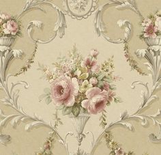 an ornate wallpaper with pink flowers and leaves